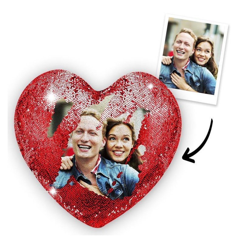 Personalized Photo Red Heart Glitter Magic Pillow - Size 15* 16