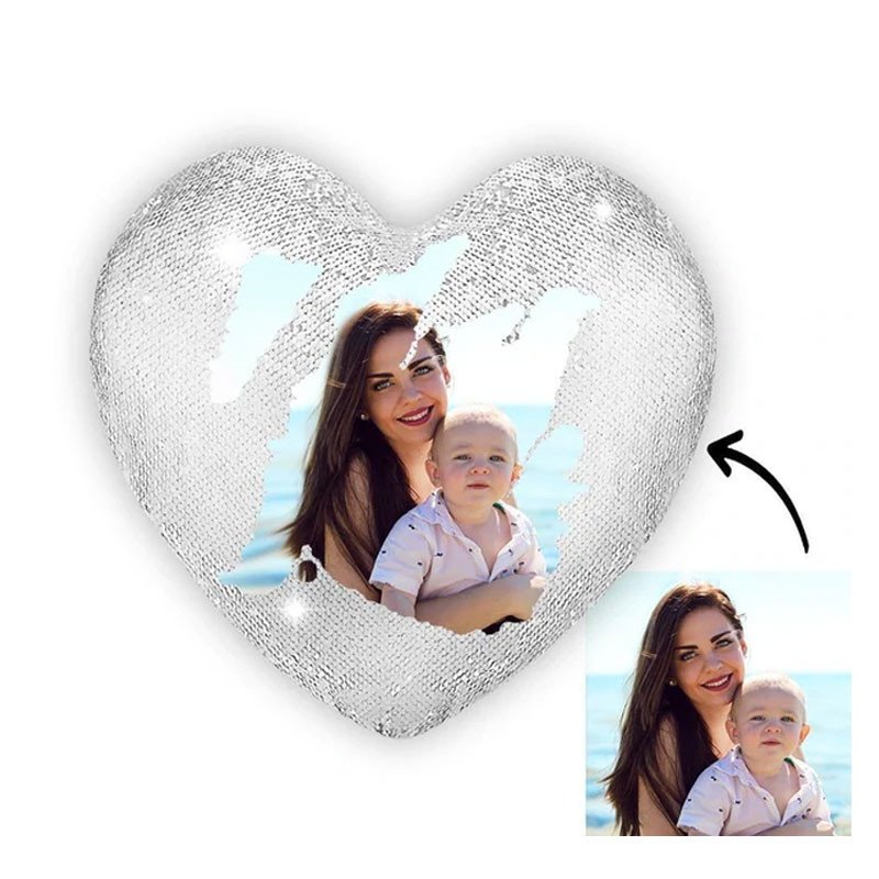 Personalized Photo Silver Heart Glitter Magic Pillow - Size 15* 16