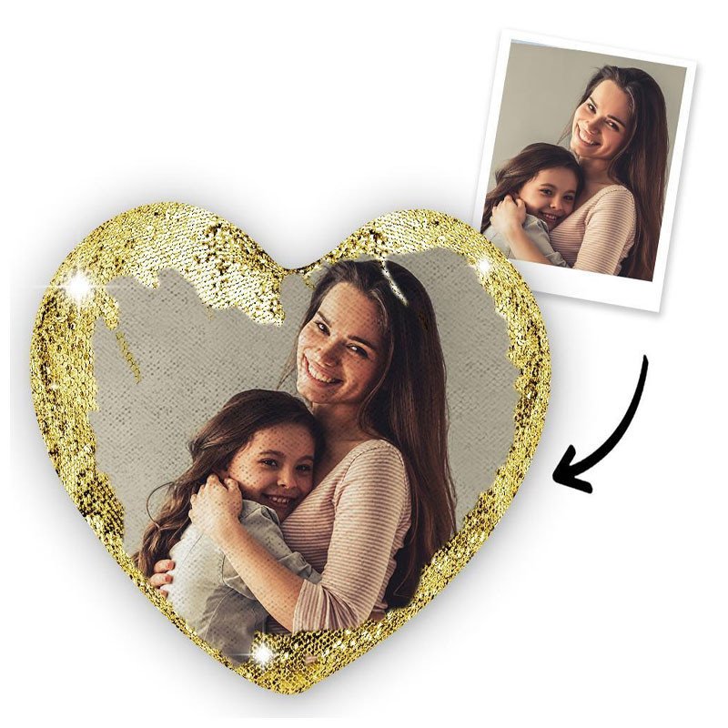 Personalized Photo Gold Heart Glitter Magic Pillow - Size 15* 16